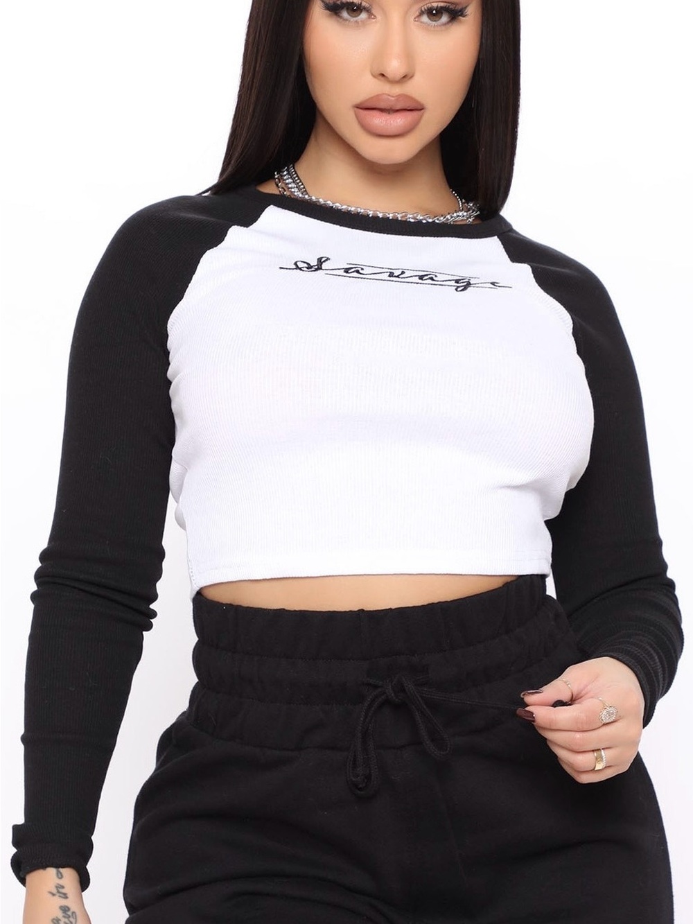 Salvage Black & White Cropped Raglan Long-Sleeve Top